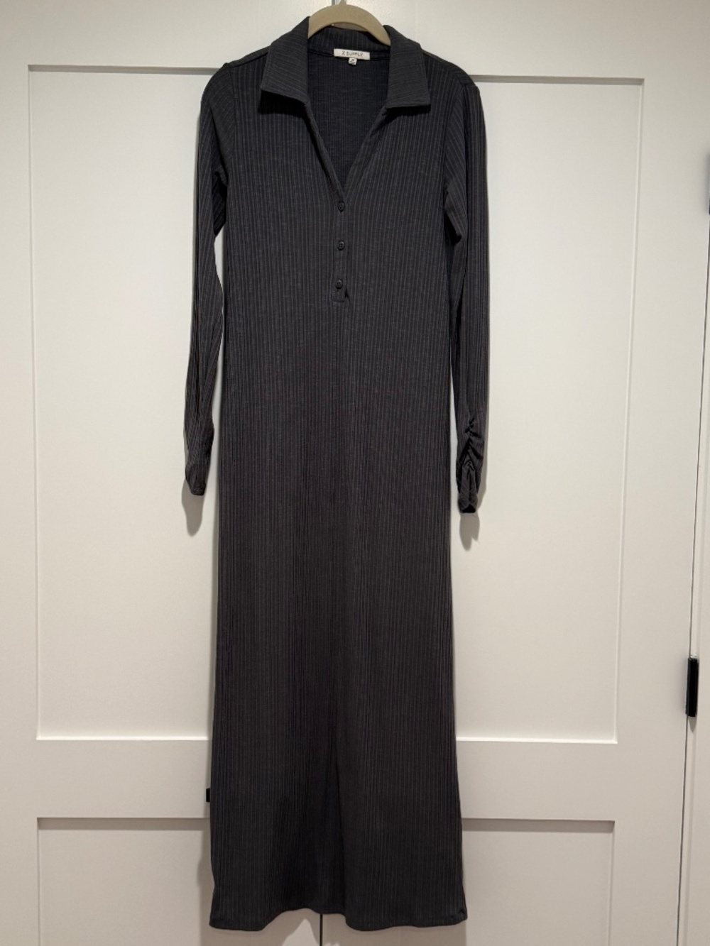 Z Supply XS Gray Ribbed Collared Maxi Dress Long Sleeve Button Front Stretch